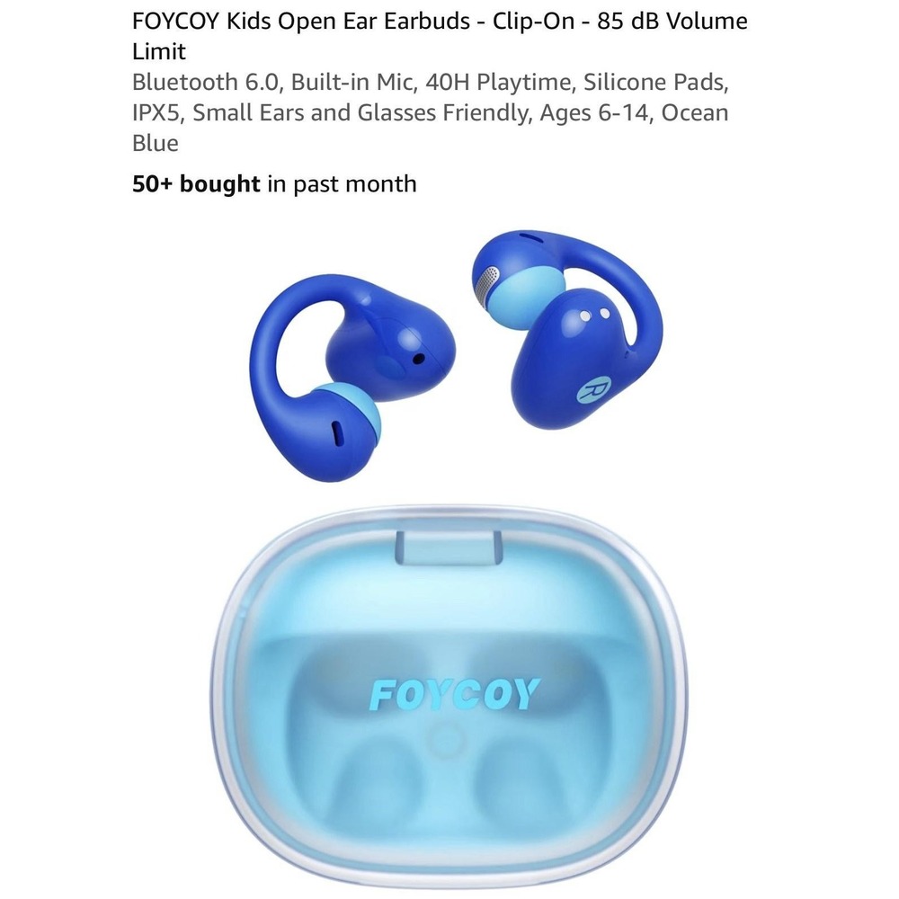 FOYCOY Kids Open Ear Earbuds Blue Bluetooth 6.0 40H IPX5 85dB Volume Limit